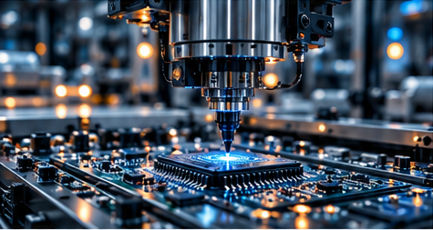 Precision production head working on a microchip and circuit board